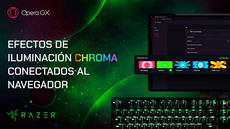 Efectos de iluminación Razer Chroma RGB conectados al navegador Opera GX