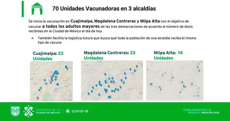 Infografía con los 70 centros de vacunación para colocar la vacuna contra el COVID 19 de Cuajimalpa, Magdalena Contreras y Milpa Alta