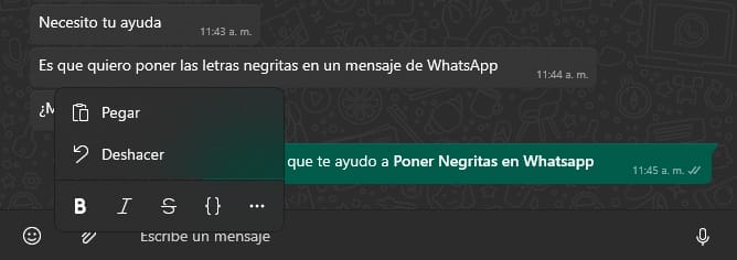 Poner formato de texto en WhatsApp Web con clic derecho