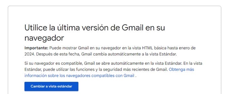 Comunicado de Google "Utilice la última versión de Gmail"