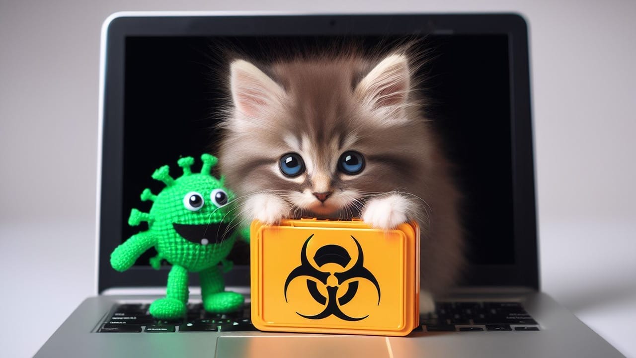 ¿Puede un malware ocultarse en fotos? Gatito saliendo de una computadora con maletin de virus