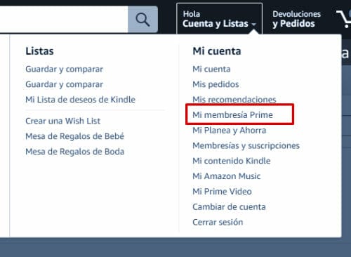 Amazon Menú, cuentas y Lista, opción "Membresía Prime".